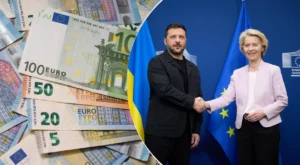 Зеленський і Урсула фон дер Ляєн тиснуть руки на тлі прапорів ЄС та банкнот євро