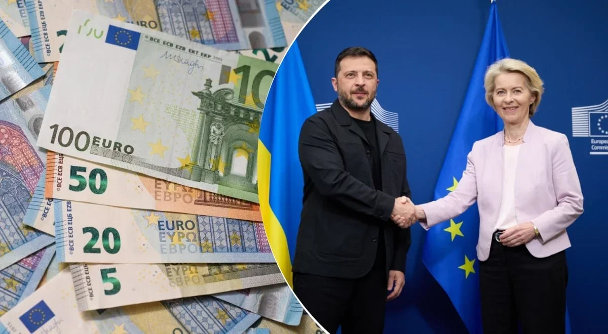 Зеленський і Урсула фон дер Ляєн тиснуть руки на тлі прапорів ЄС та банкнот євро