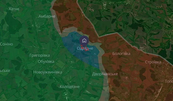 ВСУ отбили Одрадное: как изменилась линия фронта за неделю Карта села Одрадное на Харьковщине с обозначенной освобожденной территорией