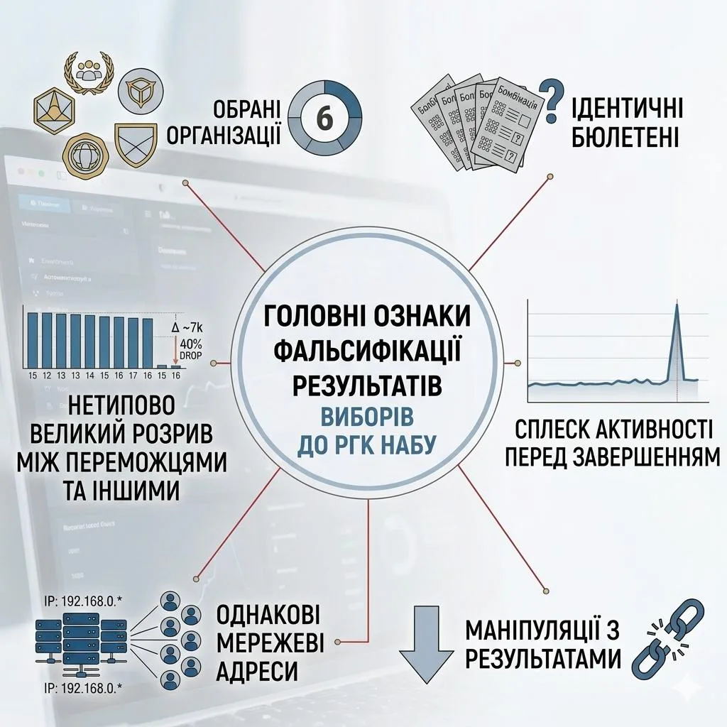 Признаки фальсификации выборов в РГК НАБУ: разрыв голосов, идентичные бюллетени и сетевые манипуляции