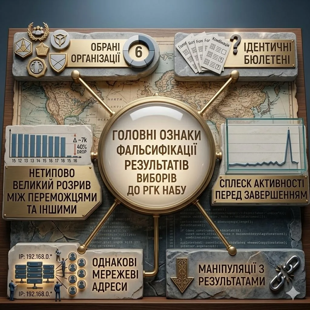 Инфографика главных признаков фальсификации выборов в РГК НАБУ