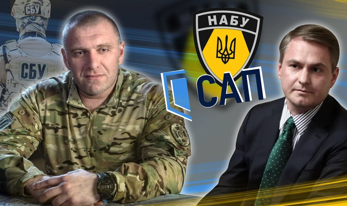 Голобуцкий: контраст в подходах к ДТП с детективами НАБУ Алексей Голобуцкий и детектив НАБУ на фоне логотипов СБУ и САП