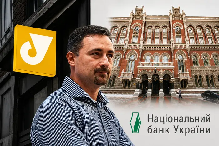 Игорь Смилянский с логотипом Укрпочты на фоне здания НБУ