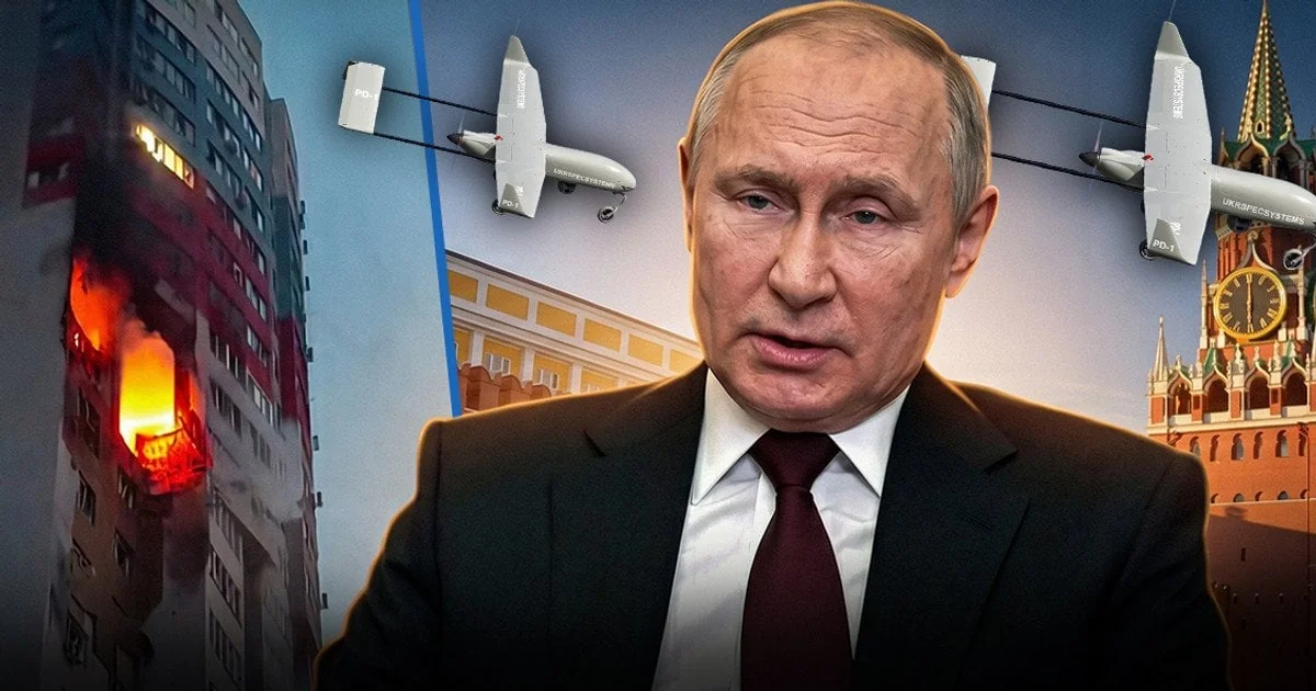 Путин комментирует удары дронов по Москве на фоне Кремля и пожара