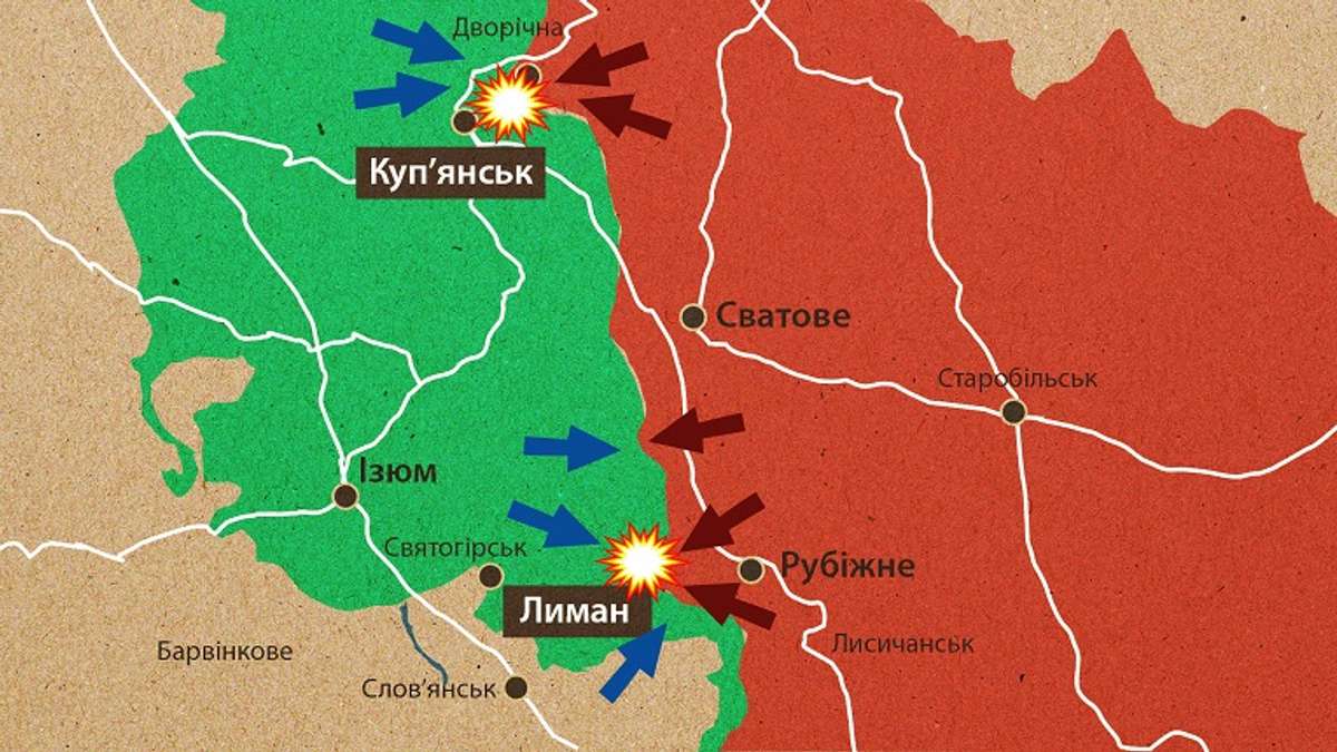 Россия наступает на Лиман и Купянск: бои на горячих направлениях Схема наступления российских войск на Купянск и Лиман со стрелками атак