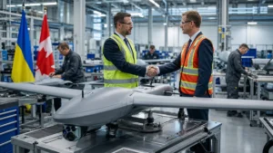 Представники України та Канади тиснуть руки біля дрона на заводі Airlogix-Sentinel