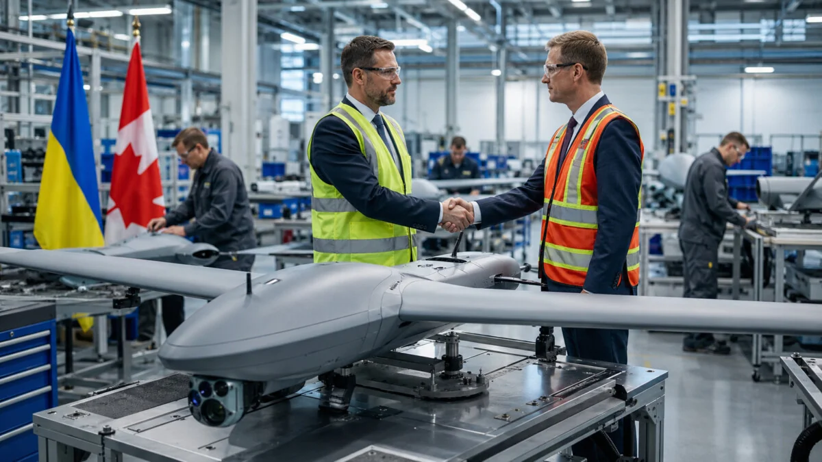 Представители Украины и Канады жмут руки возле дрона на заводе Airlogix-Sentinel