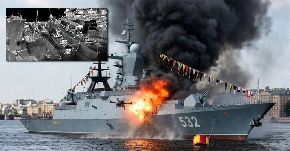 Російський корвет Бойкий уражений дроном FP-1 з вибухом і димом