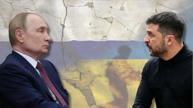 Зеленский: «Готов к прямым переговорам с Путиным» Владимир Зеленский и Владимир Путин на фоне треснутого флага Украины