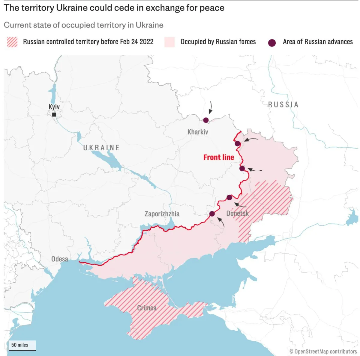 Зеленский согласился на заморозку линии фронта Карта линии фронта в Украине с оккупированными Россией территориями