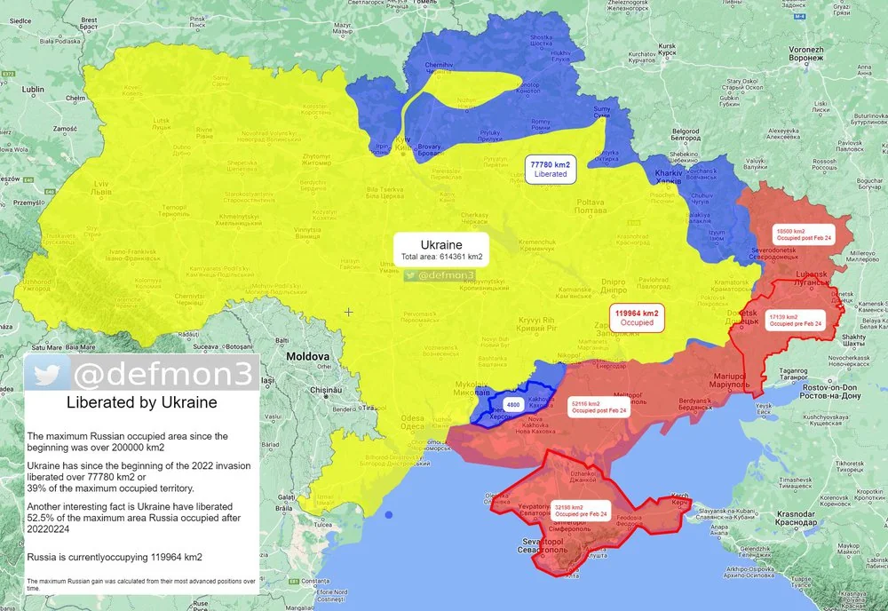 Карта України з площами територій, звільнених ЗСУ та окупованих Росією