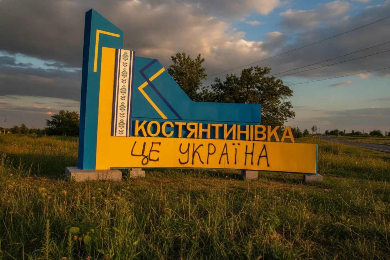 Знак «Костянтинівка це Україна» на тлі поля в Донеччині