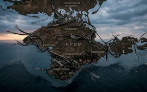Крым на карте, опутанный проводами как гигантская мышеловка