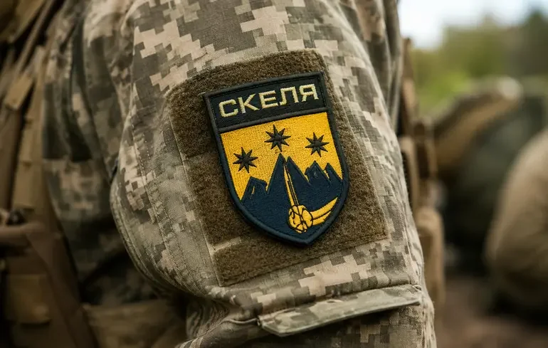 Нашивка полку «Скеля» на камуфляжній формі бійця
