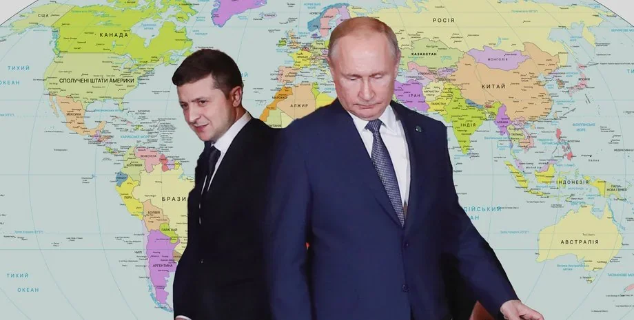 Володимир Путін і Володимир Зеленський на тлі карти світу під час переговорів