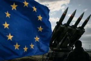 Прапор ЄС і пускова установка ракет Patriot для ЗСУ