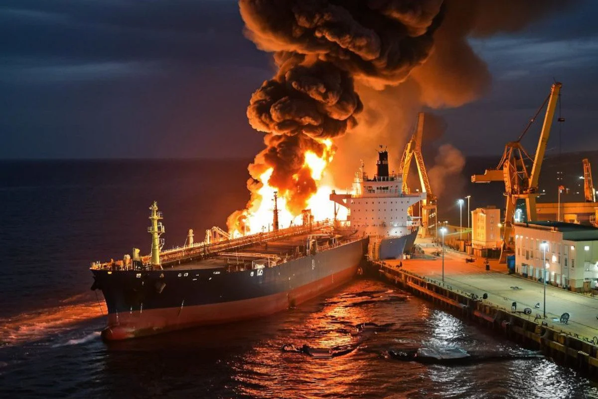 Палаючий танкер РФ після атаки Сил оборони в Азовському морі
