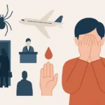Мужчина закрывает лицо руками среди символов фобий и тревожных ситуаций
