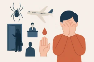 Мужчина закрывает лицо руками среди символов фобий и тревожных ситуаций