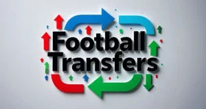 Стилізована 3D-графіфіка з написом Football Transfers і різнокольоровими стрілками